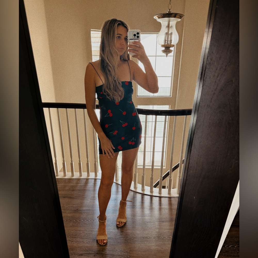 Realisation Par Black Mini Dress with Red Cherry Print